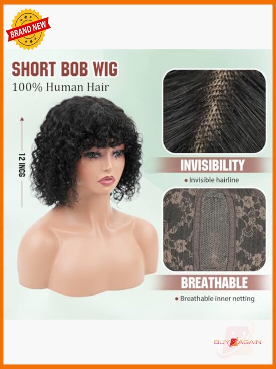 12 Inch Deep Wave Bob Wig with Bangs 200 Density Virgin Human Hair Glueless main image 6